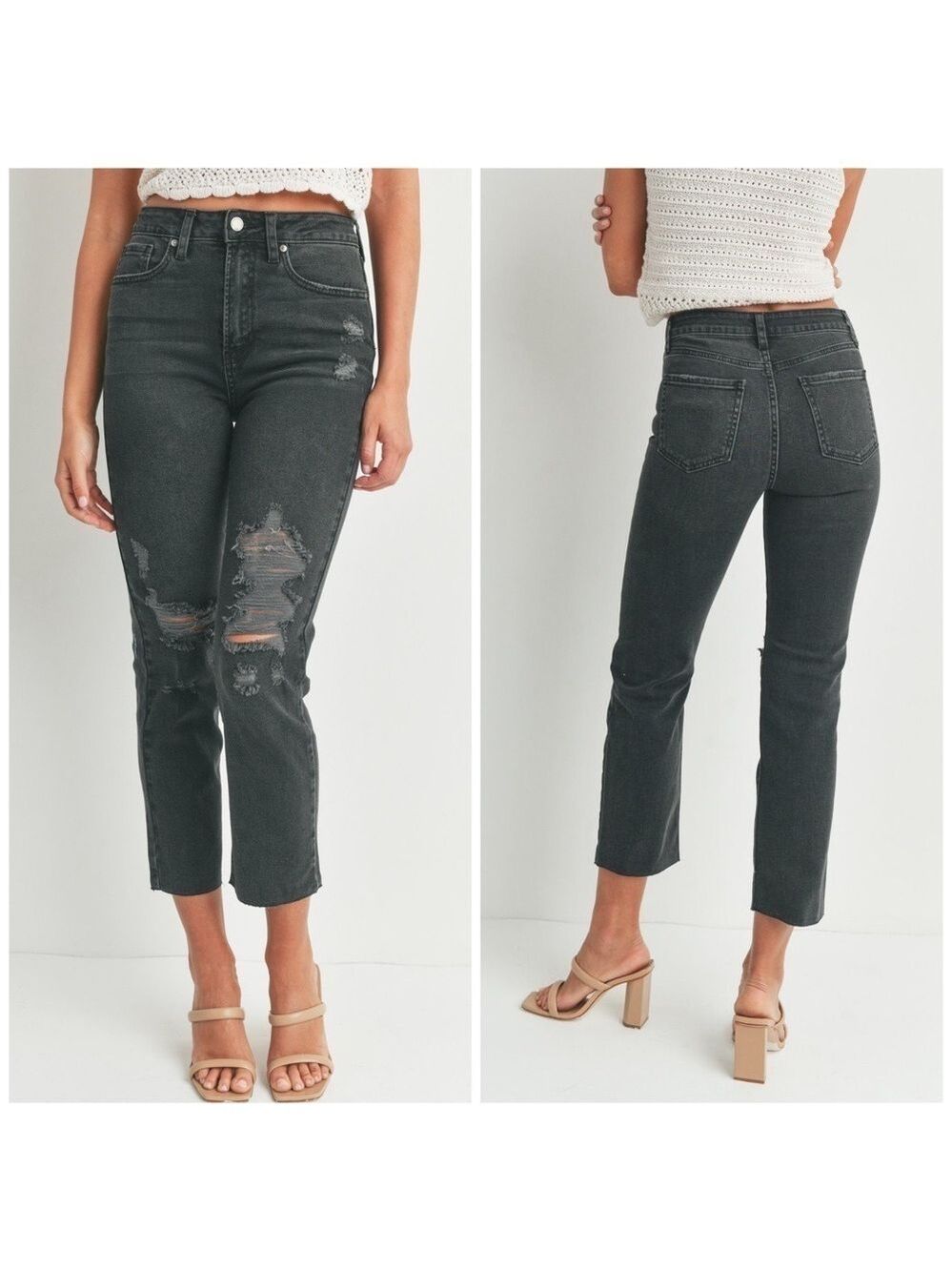 Just Black Denim Karla Ripped-Knee High Rise Straight Leg Cropped Black Jeans